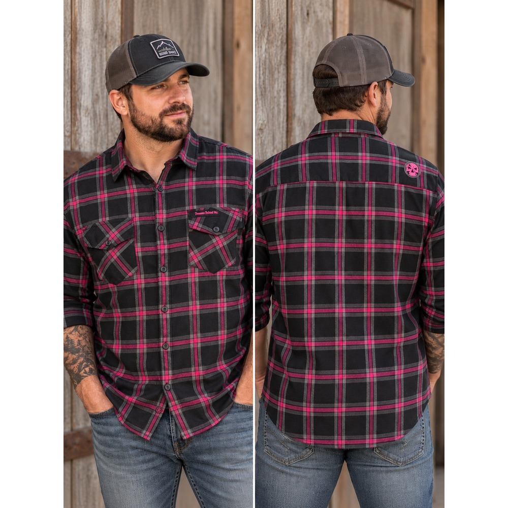 Demons Behind Me Warrior Flannel Shirt Mens 3X Black Pink Plaid Button Up Skull